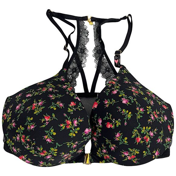 Victoria’s Secret very sexy uplift plunge lace racer back floral black bra 32D - Picture 2 of 7